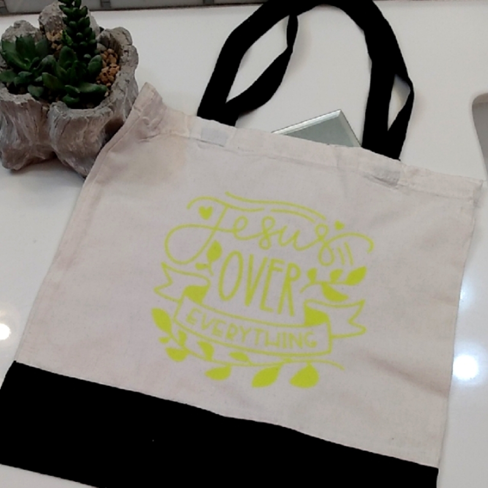 Custom "Jesus Over Everything" Black and Cream, Canvas Tote Bag